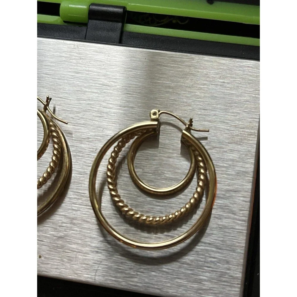 Vintage 14k Yellow Gold Triple Hoop Loop Earrings 3 Hoop Textured 4.3g Grams